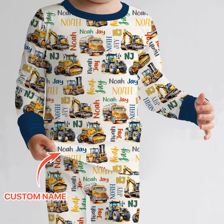 Custom Name Construction Trucks Two Piece Long Sleeve Pajama Set
