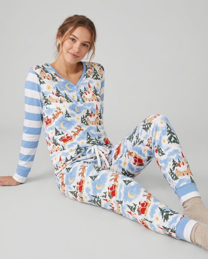 Whimsical Santa's Winter Village Bamboo Women Pajama Set