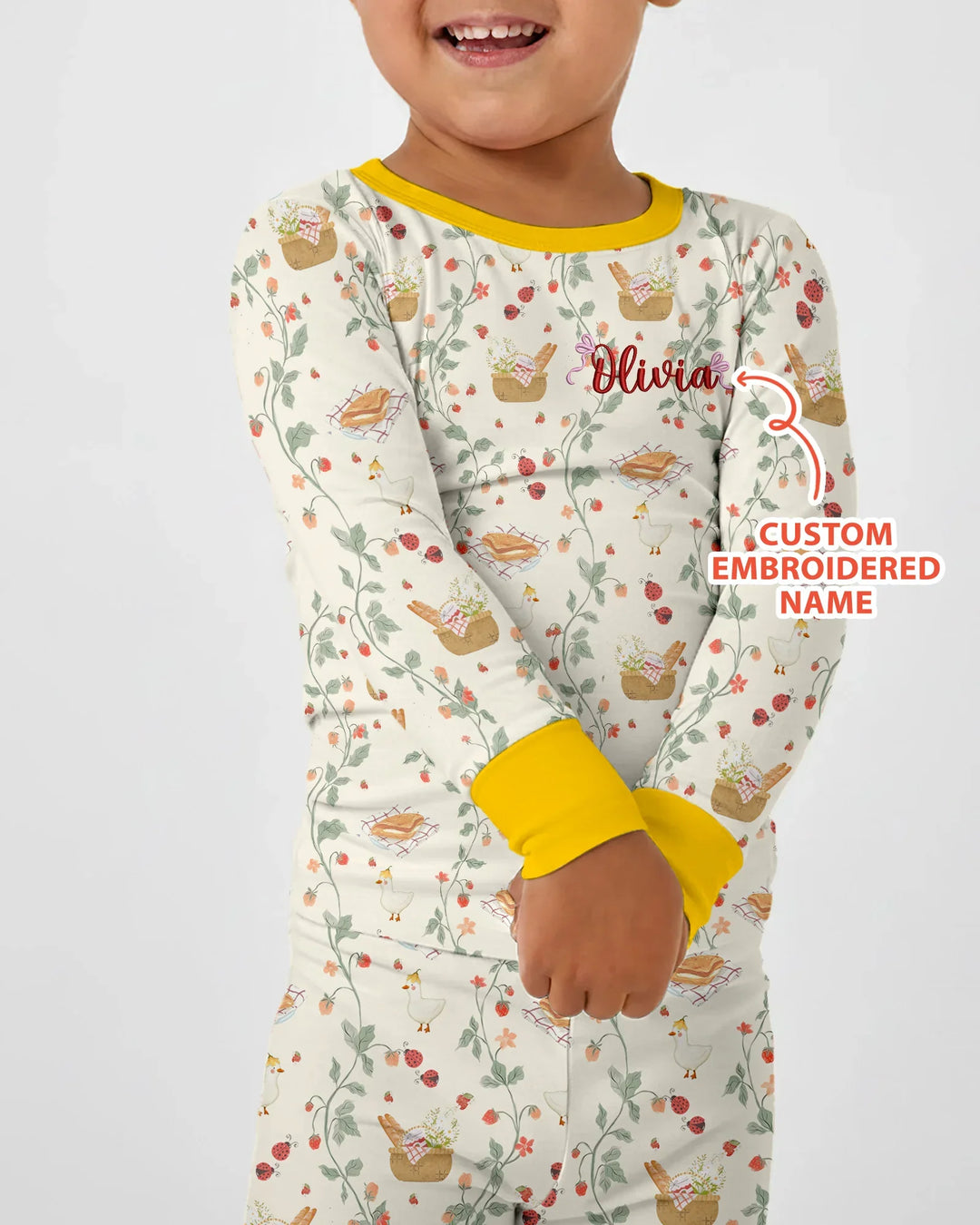 Custom Name Embroidered Picnic Time Bamboo Two Piece Long Sleeve Pajama Set