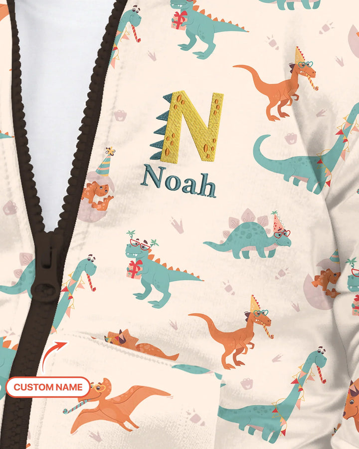 Sudadera con capucha de bambú con cremallera y nombre bordado personalizado con dinosaurios