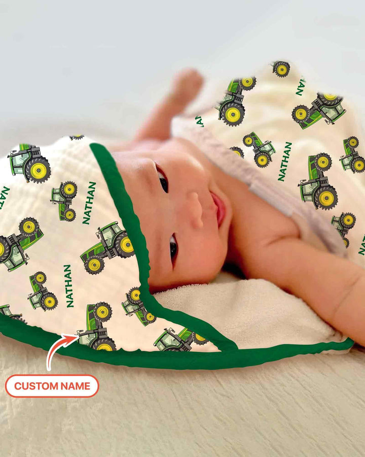 Custom Name Green Tractors Matching Daddy & Me Hooded Bamboo Towel Set