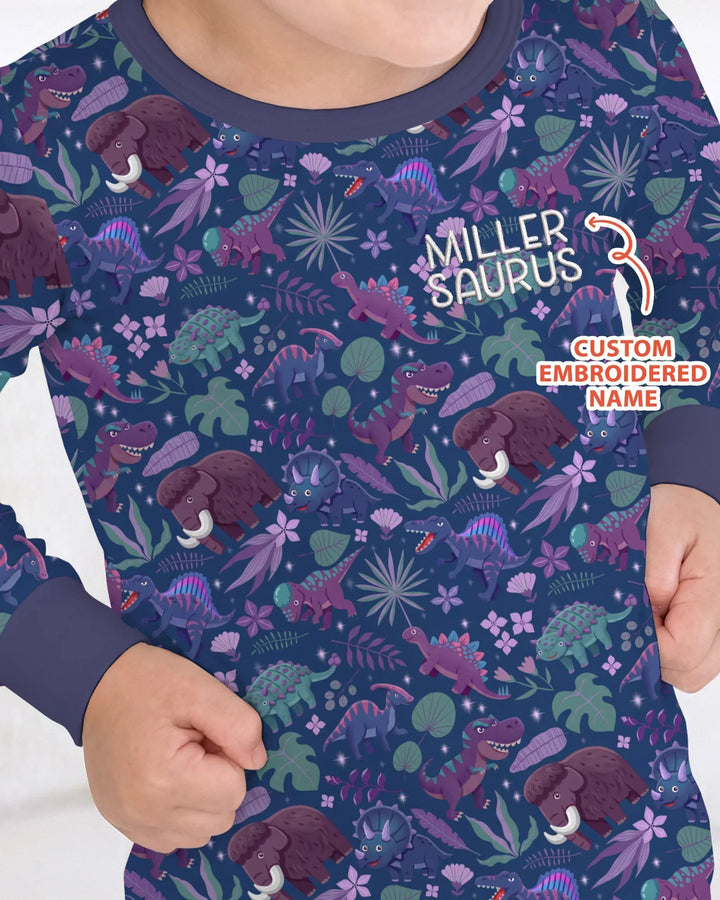 Conjunto de pijama de dos piezas de bambú de manga larga Dino Dream Night bordado con nombre personalizado