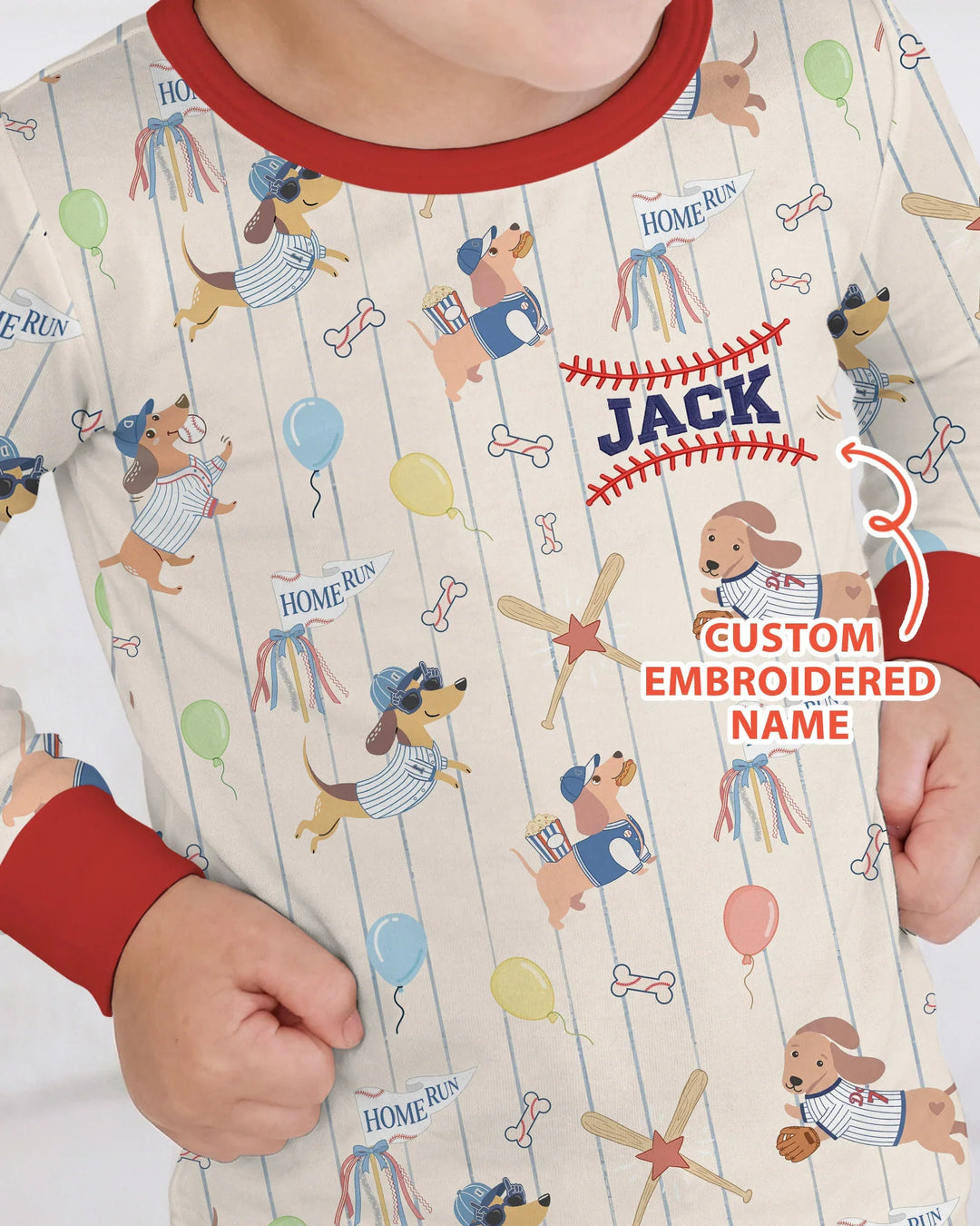 Personalized Embroidered Name Dachshund Baseball Bamboo Two Piece Long Sleeve Pajama Set