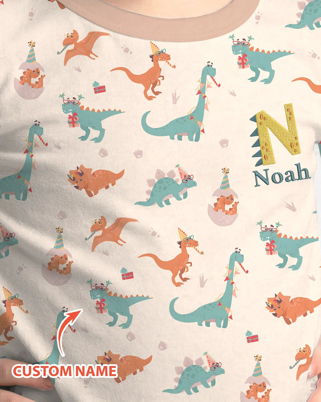 Pijama de dos piezas de bambú con nombre bordado personalizado de dinosaurios y manga larga