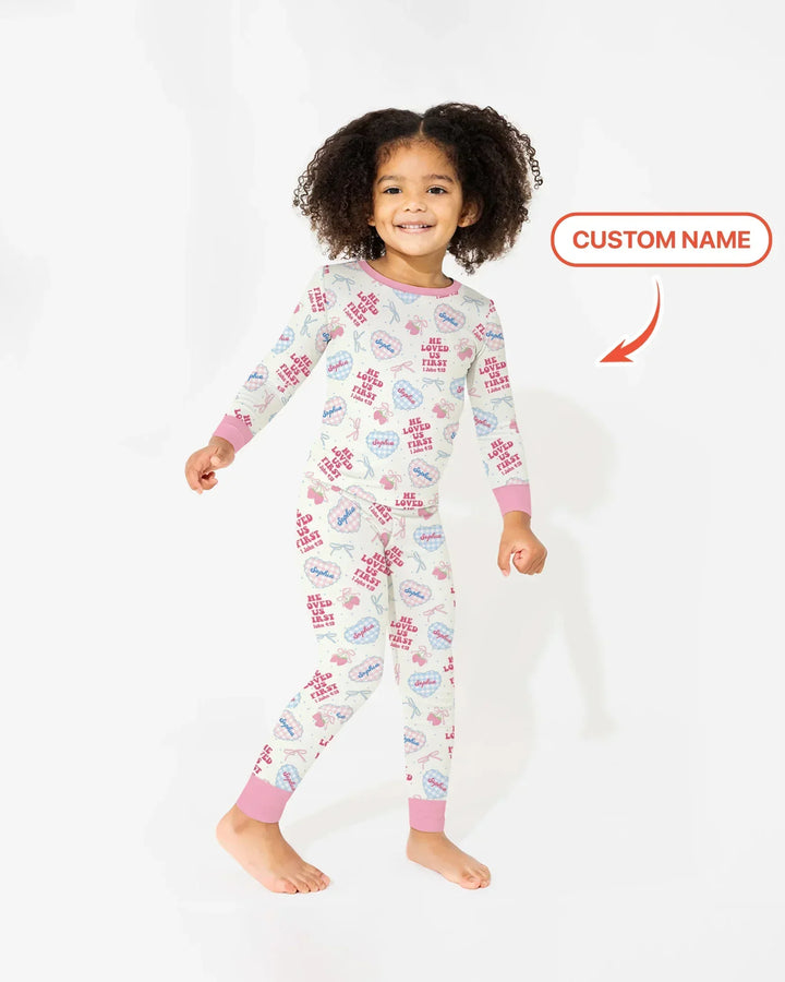He Loved Us First Custom Name Bamboo Two Piece Long Sleeve Pajama Set