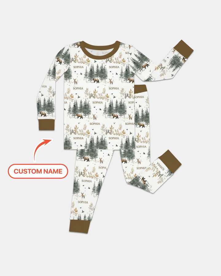 Custom Name Forest Bear Deer Bamboo Two Piece Long Sleeve Pajama Set
