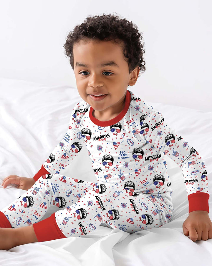 Doodle American Flag Glasses Family Matching Bamboo Two Piece Long Sleeve Pajama Set