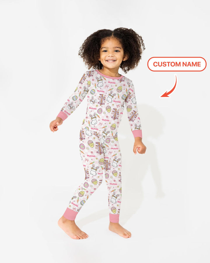 Custom Name Retro Easter Two Piece Long Sleeve Pajama Set