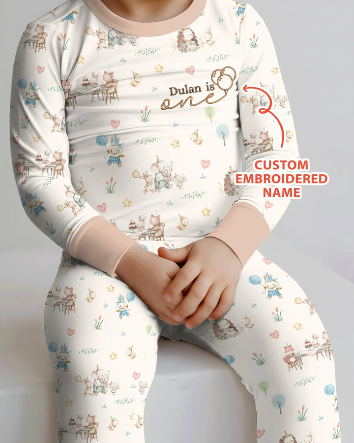 Custom Embroidered Name Birthday Baby Bamboo Two Piece Long Sleeve Pajama Set