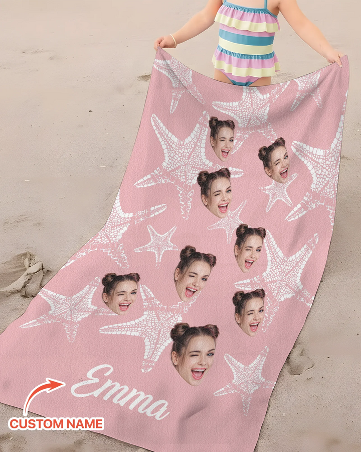 Custom Photo Starfish With Names Bamboo Beach Towel