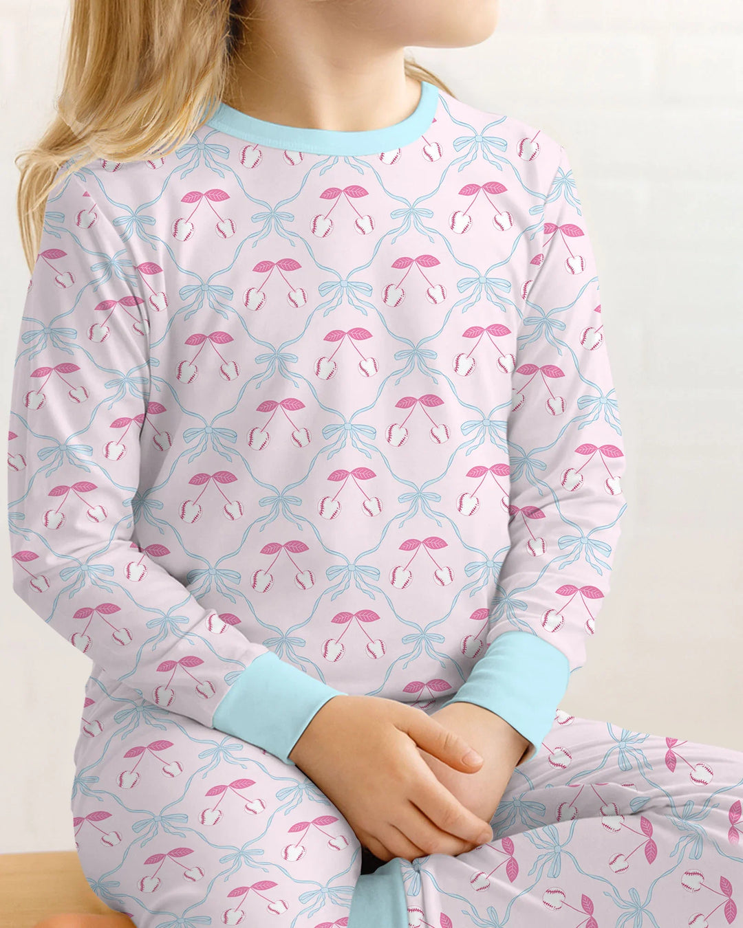 Cherry Baseball Softball Mom and Girl Matching Bamboo Two Piece Long Sleeve Pajama Set