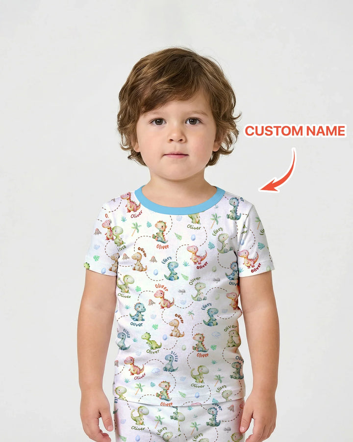 Personalized Dino Friends Bamboo Two Piece Short Sleeve Shorts Pajama Set