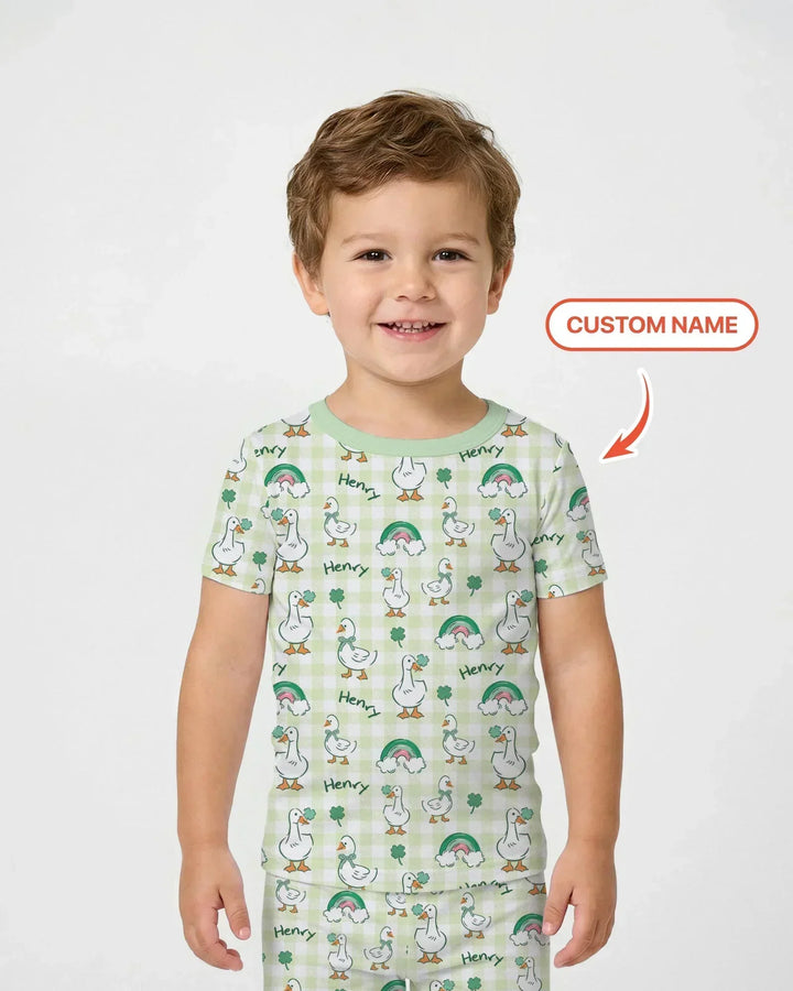 Custom Name Lucky Ducks Two Piece Short Sleeve Pajama Set