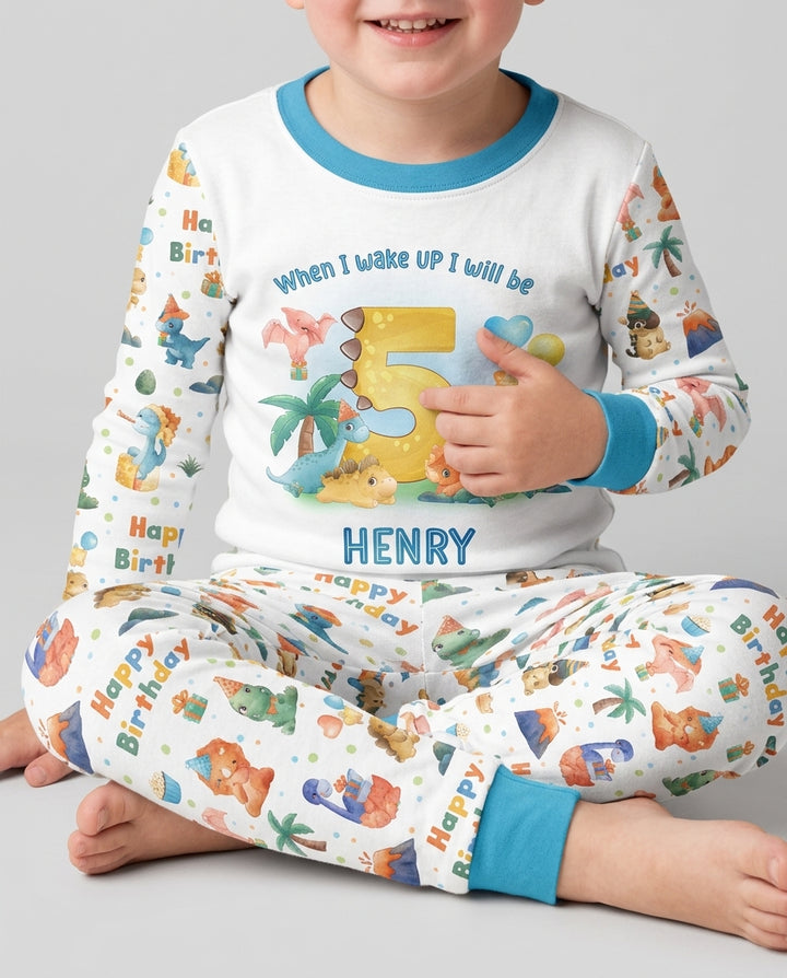 Custom Name When I Wake Up Birthday Dino Bamboo Two Piece Long Sleeve Pajama Set