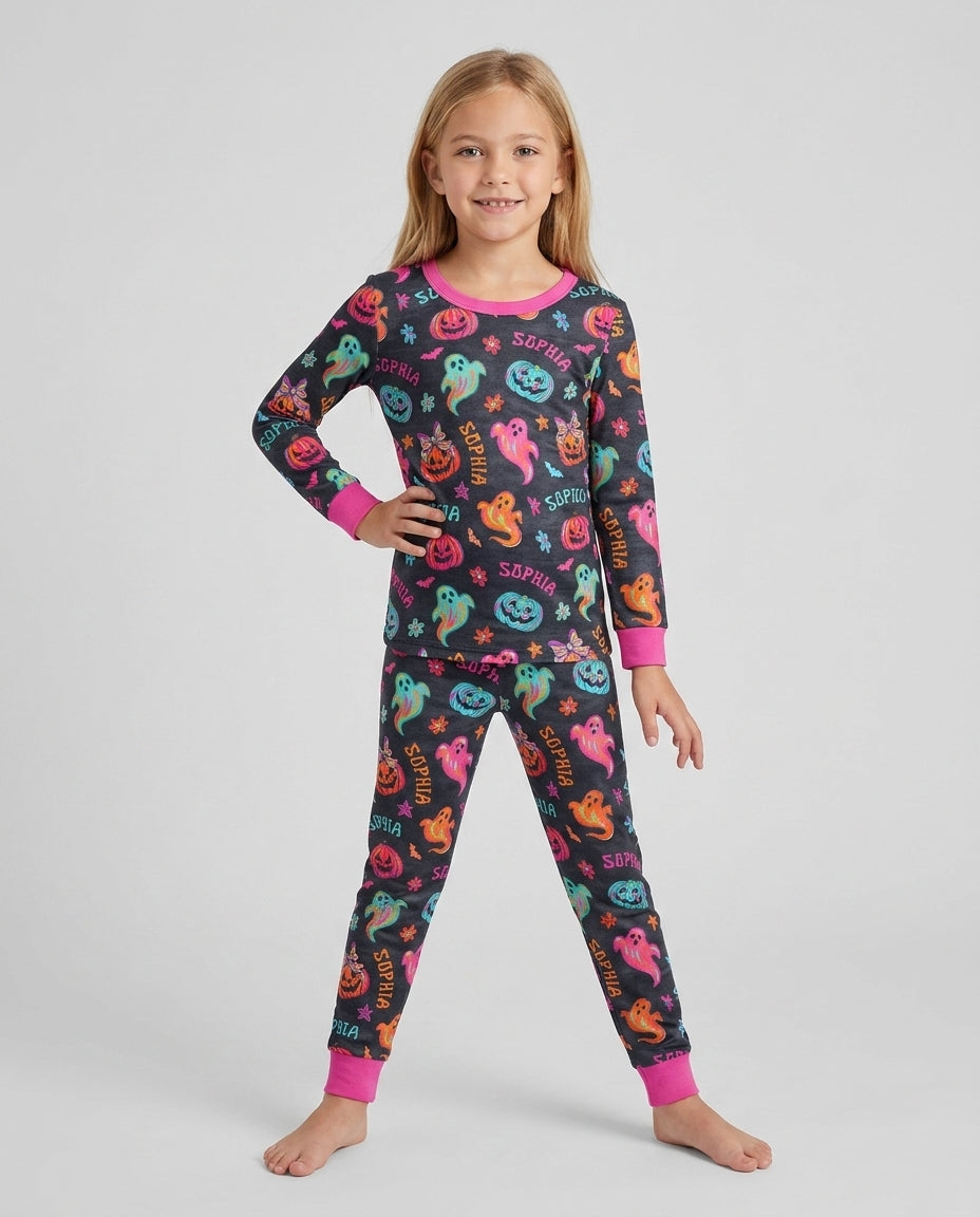 Custom Name Preppy Neon Pumpkin Bamboo Two Piece Long Sleeve Pajama Set