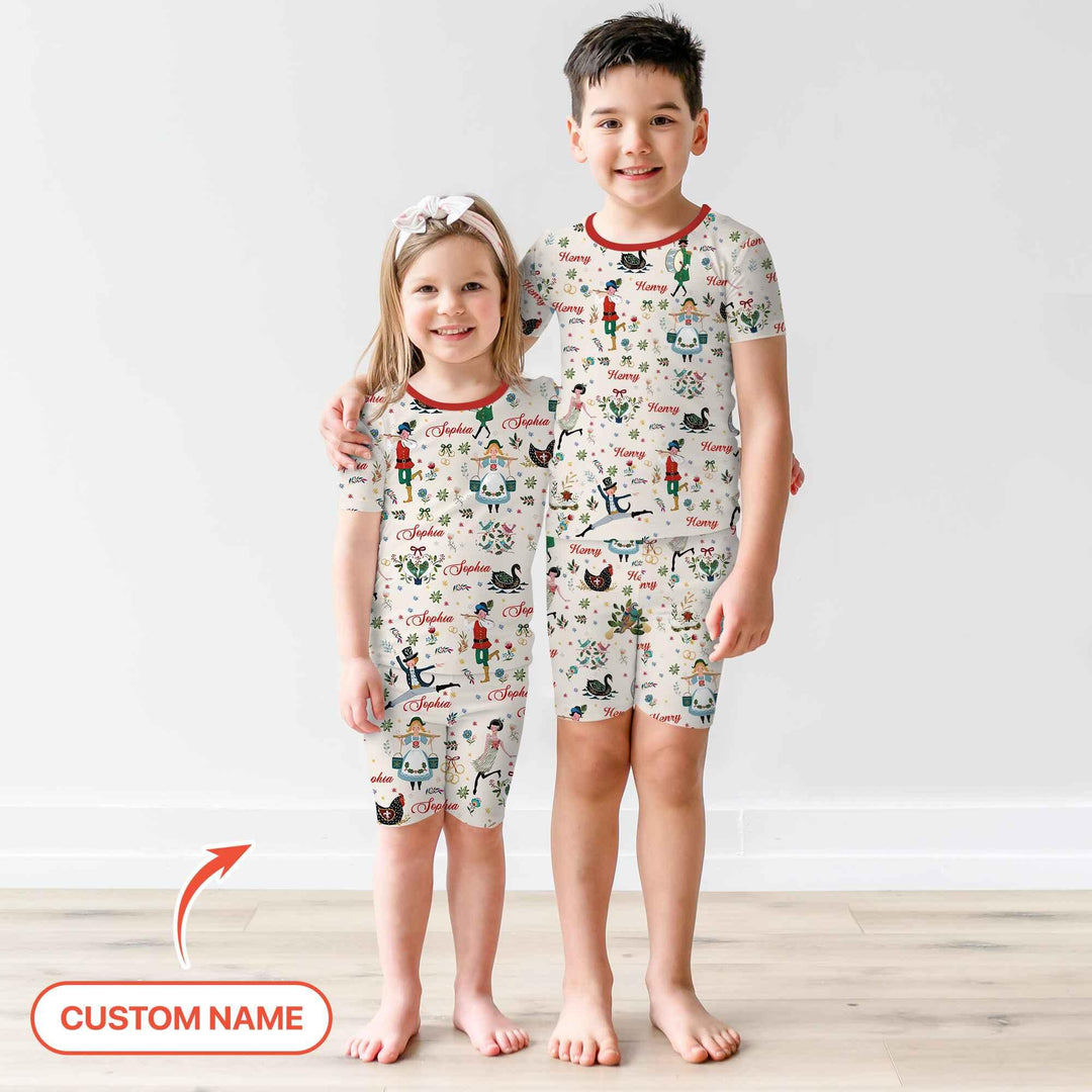 12 Days Of Christmas Custom Name Two Piece Short Sleeve Shorts Pajama Set , 12 Days Of Christmas Custom Name Two Piece Short Sleeve Shorts Pajama Set - 12-18M / Girl