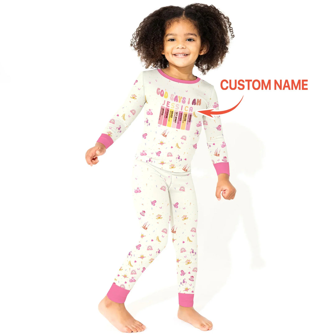 God Says I Am Name Letter In Bible Two Piece Long Sleeve Pajama Set , God Says I Am Name Letter In Bible Two Piece Long Sleeve Pajama Set - 12-18M