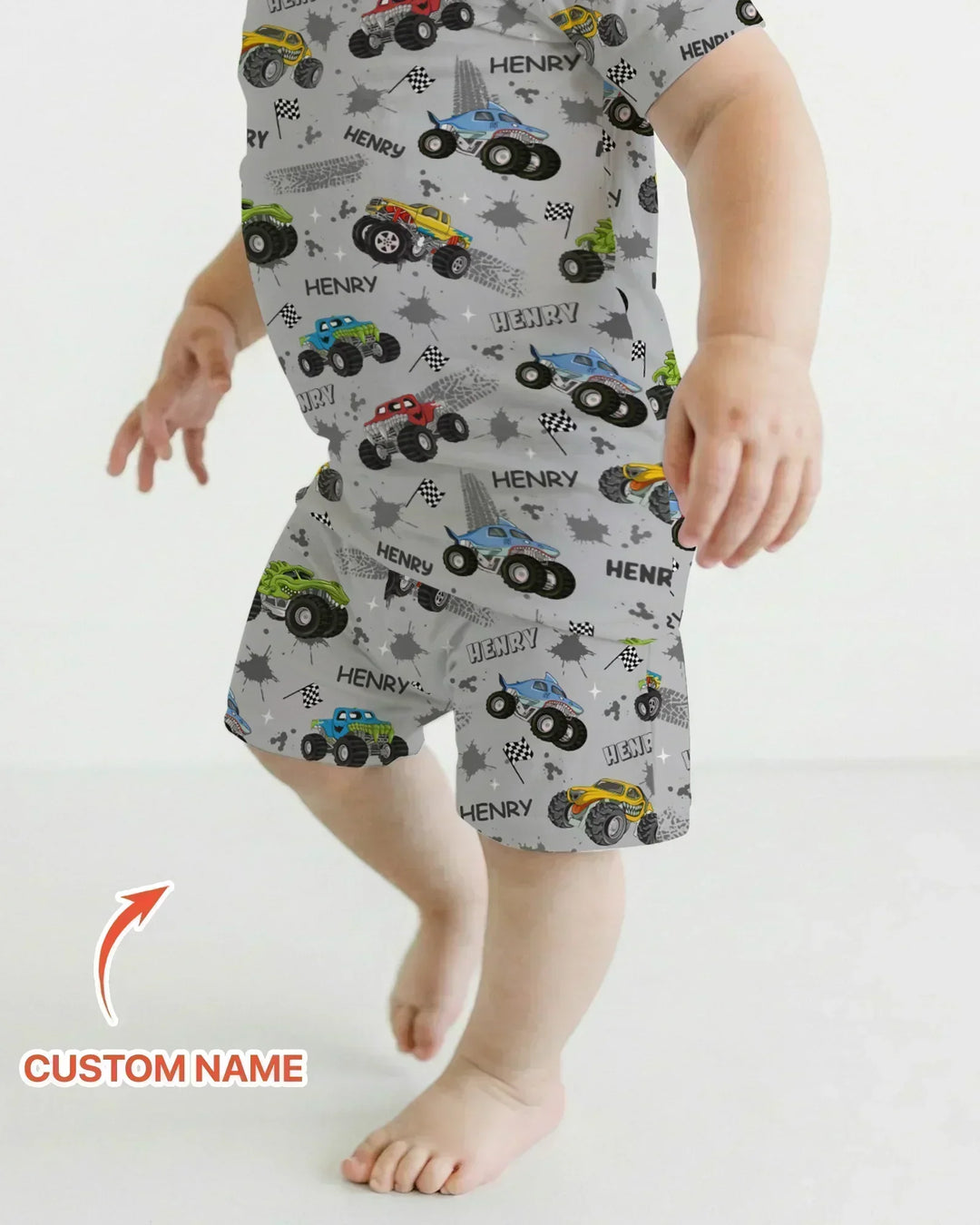 Monster Truck Dirt Jam Custom Name Daddy & Me Matching Two Piece Short Sleeve Shorts Pajama Set