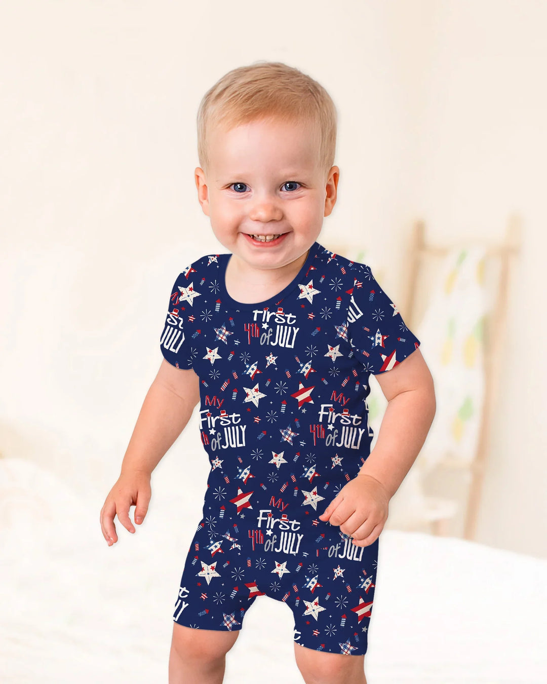 My First 4th of July Star Striped  Bamboo Two Piece Short Sleeve Shorts Pajama Set