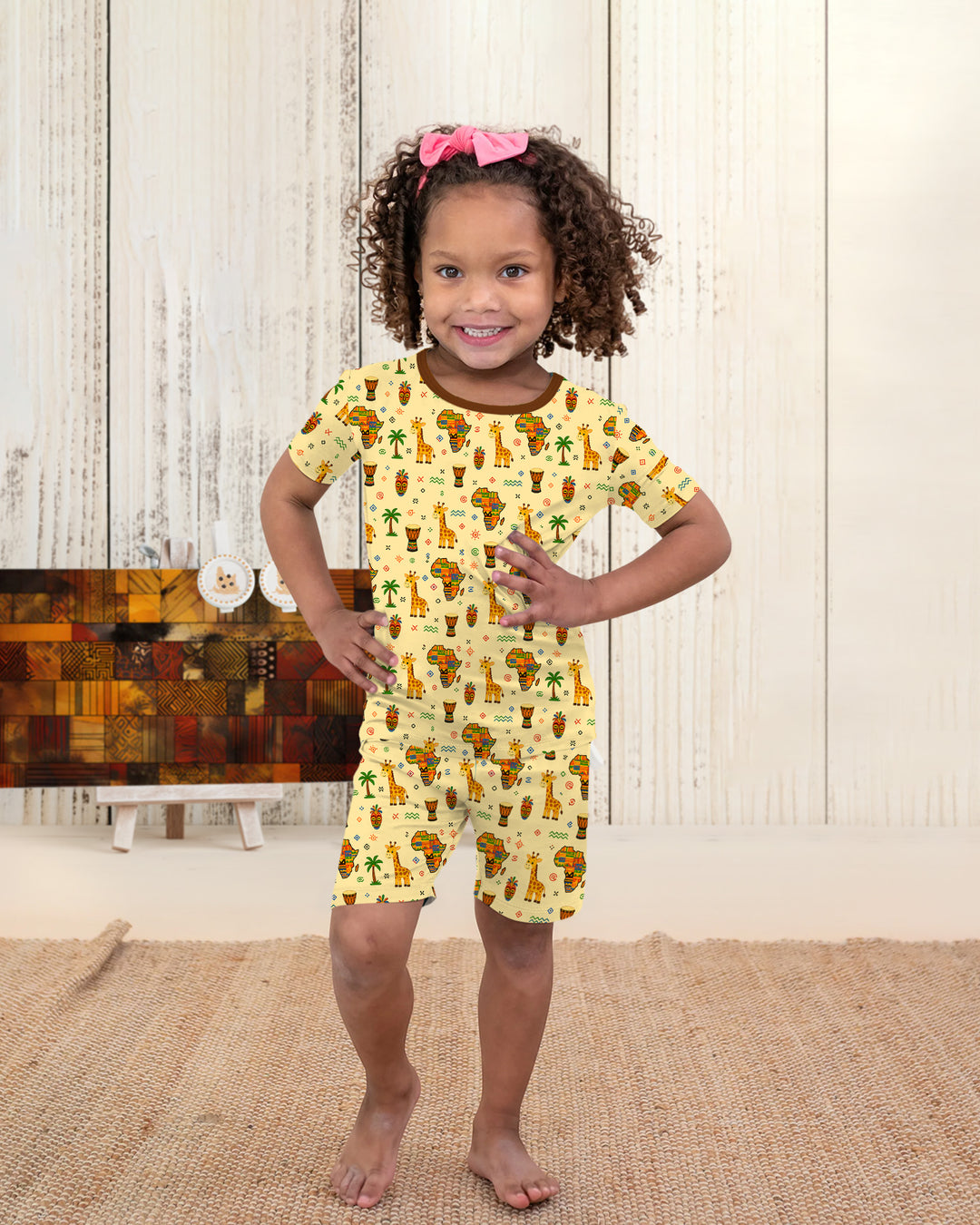 African Culture Bamboo Two Piece Short Sleeve Shorts Pajama Set