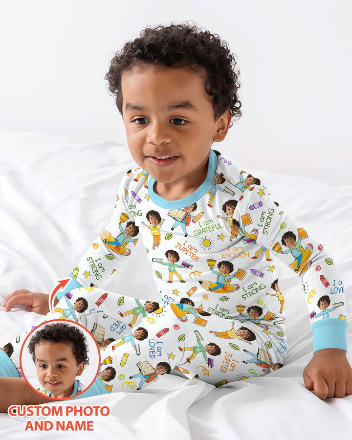 Custom Photo Kid Affirmations I Am Kind Bamboo Two Piece Long Sleeve Pajama Set