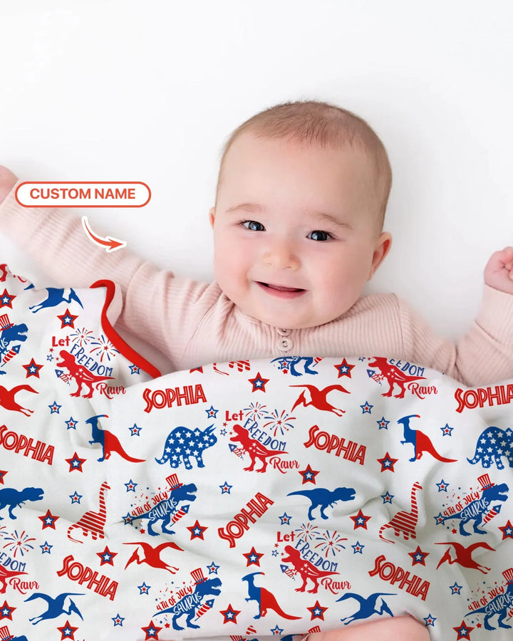 Custom Name Patriotic Dinosaur Bamboo Blanket