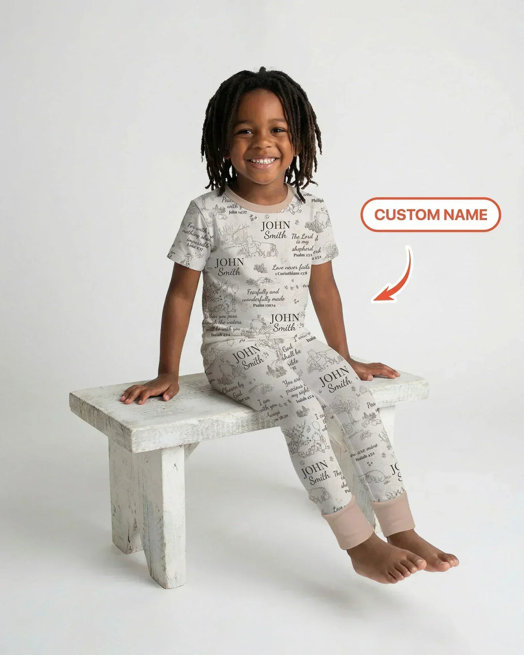 Pijama de manga corta de dos piezas de bambú con nombre personalizado y versículo bíblico clásico del oso