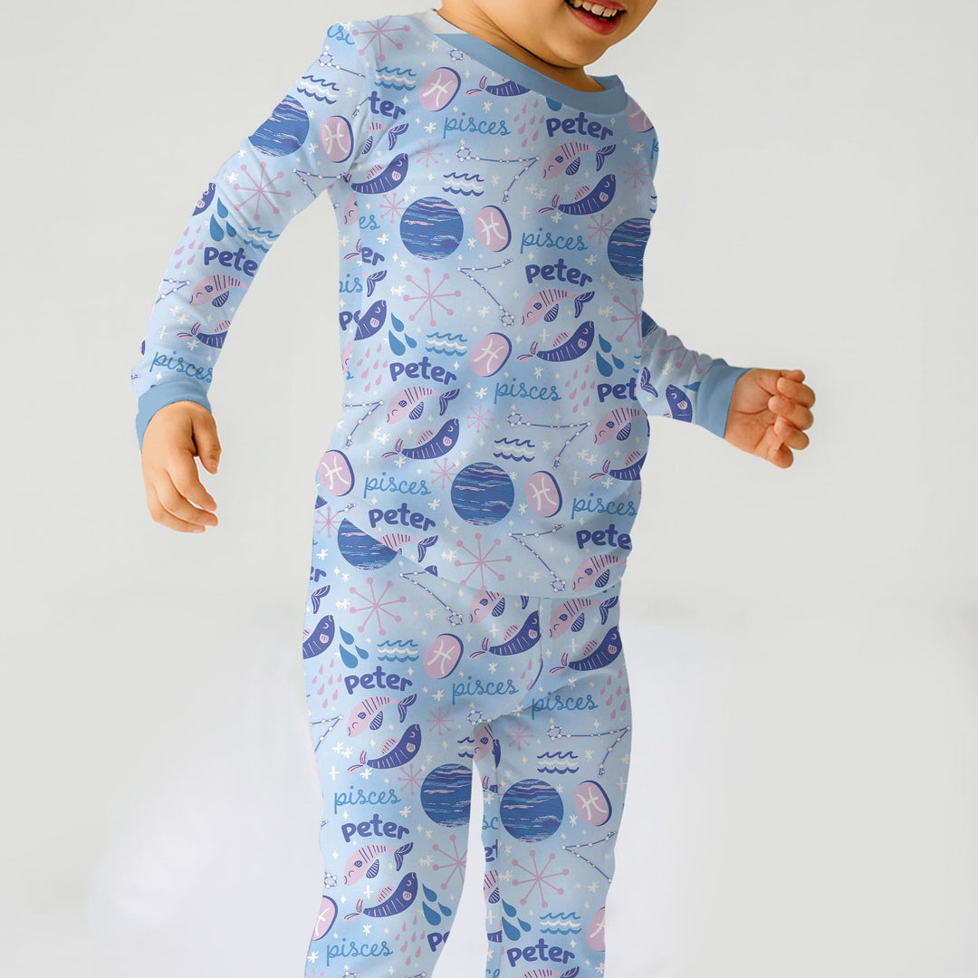 Custom Name Zodiac Pisces Two Piece Long Sleeve Pajama Set