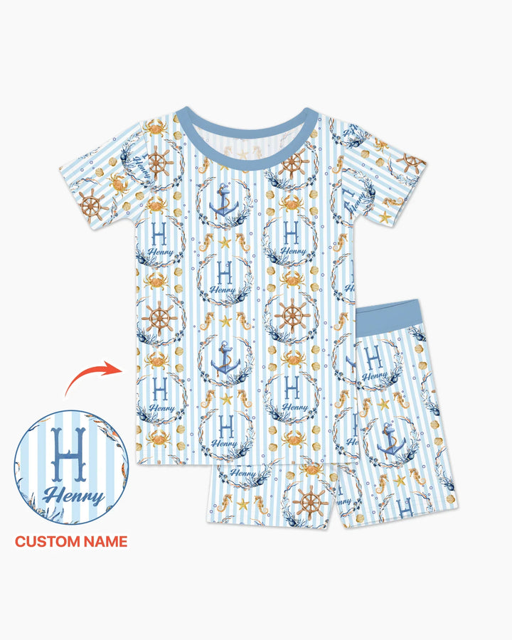Pijama de dos piezas de bambú de manga corta y pantalón corto con nombre personalizado Bon Voyage