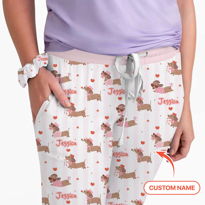 Custom Name Valentine Dachshund Family Matching Women Pajama Set For Christmas
