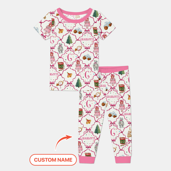 Vintage Christmas Toy Custom Name Girl Two Piece Short Sleeve Pajama Set , Vintage Christmas Toy Custom Name Girl Two Piece Short Sleeve Pajama Set - 12-18M
