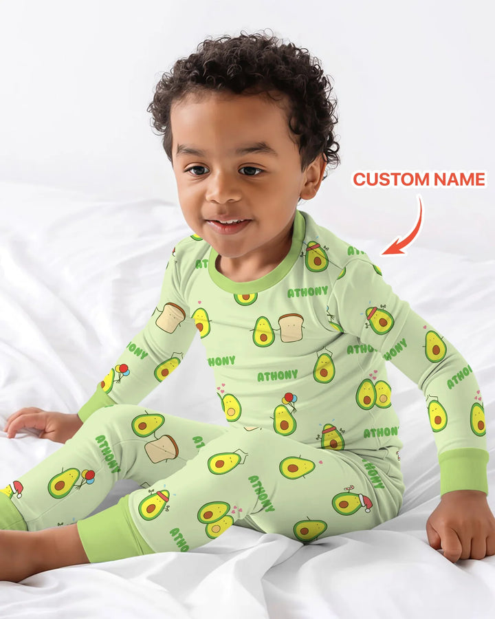 Custom Name Cute Avocado Two Piece Long Sleeve Pajama Set