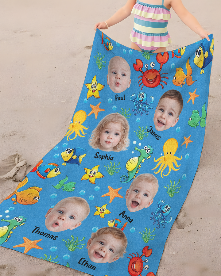 Custom Photo Cute Kid Face Watercolor Sea Creatures Summery Bamboo Beach Towel