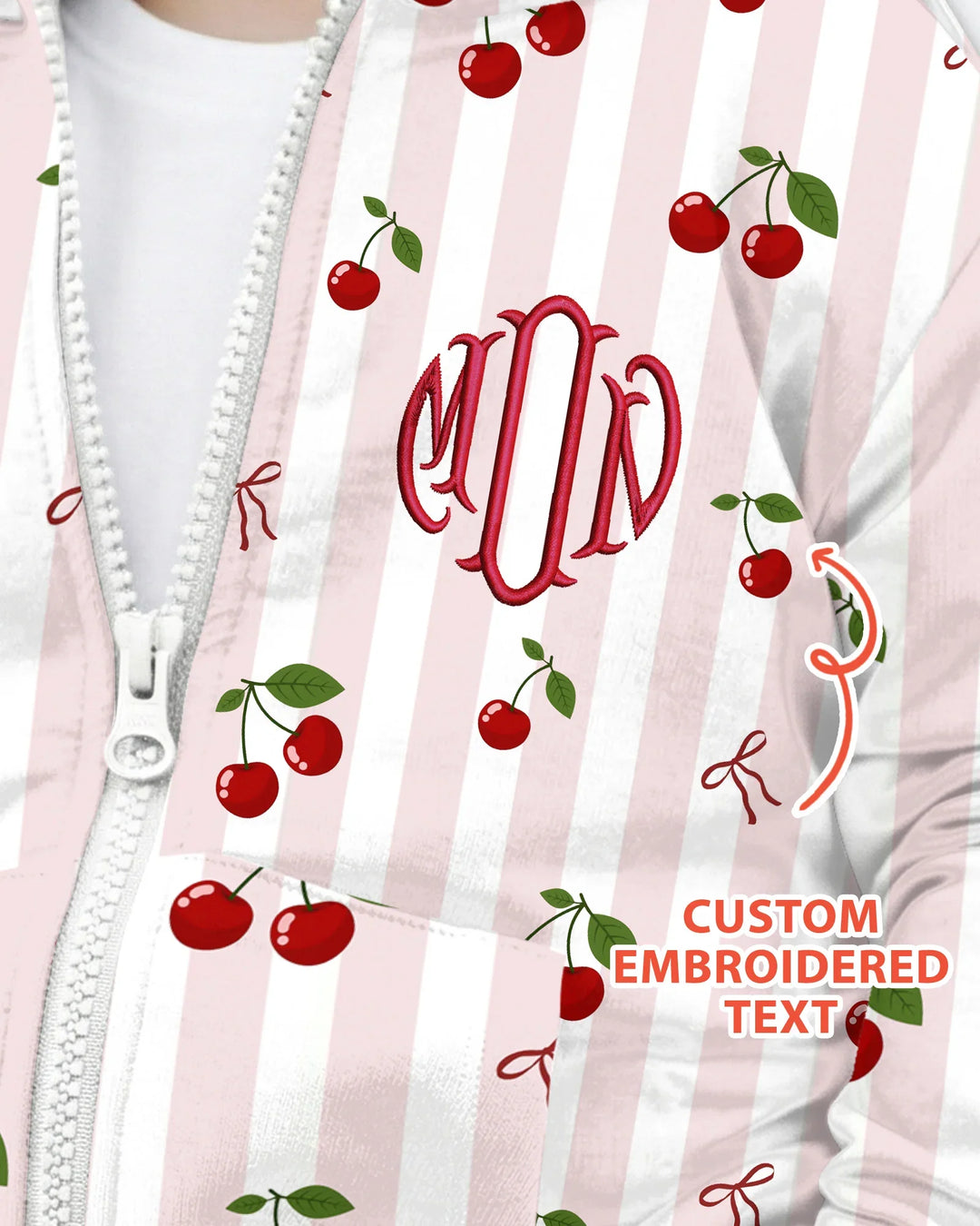 Personalized Embroidered Monogram Letter Cherry Bamboo Zip Hoodie