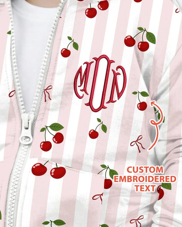 Personalized Embroidered Monogram Letter Cherry Bamboo Zip Hoodie