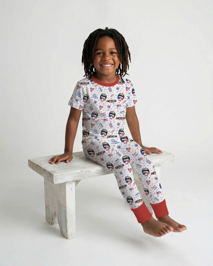 Doodle American Flag Glasses Family Matching Bamboo Two Piece Short Sleeve Pajama Set