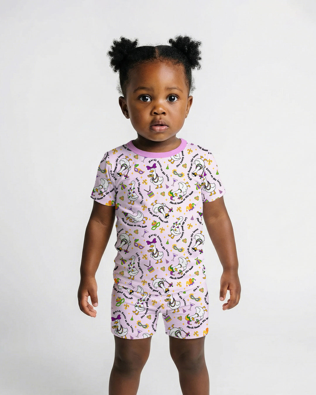 Mardi Gras Silly Goose Two Piece Short Sleeve Shorts Pajama Set
