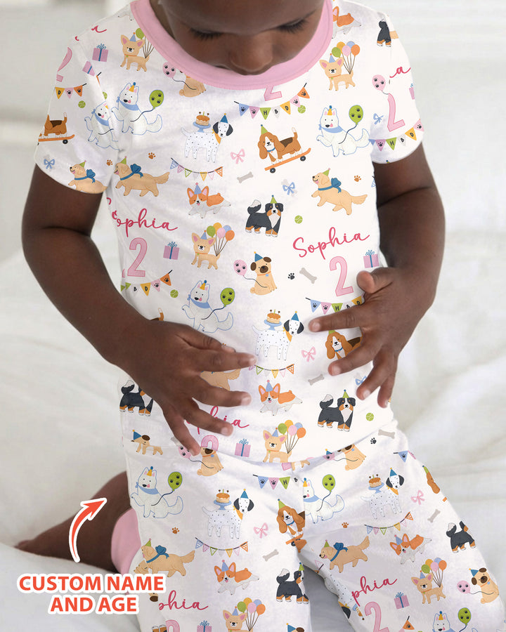 Custom Name Birthday Dogs Party Bamboo Two Piece Short Sleeve Pajama Set