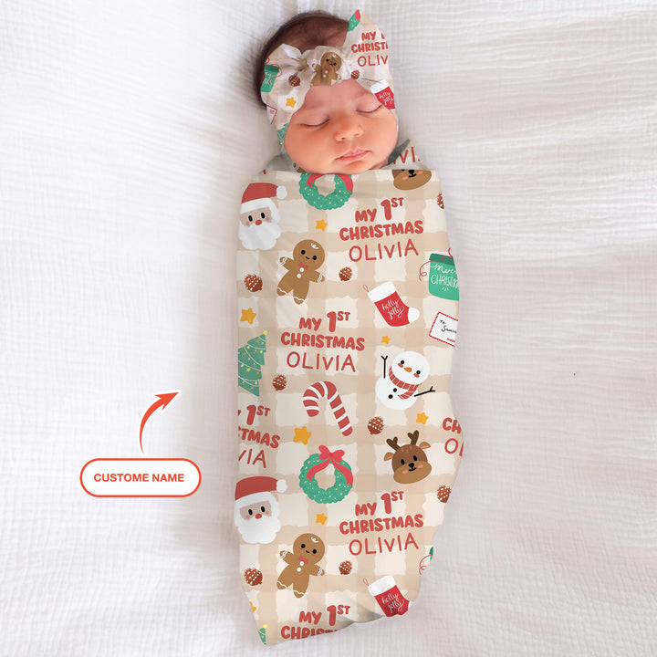 Custom Name My First Christmas Mocha Gingham Swaddle Blanket