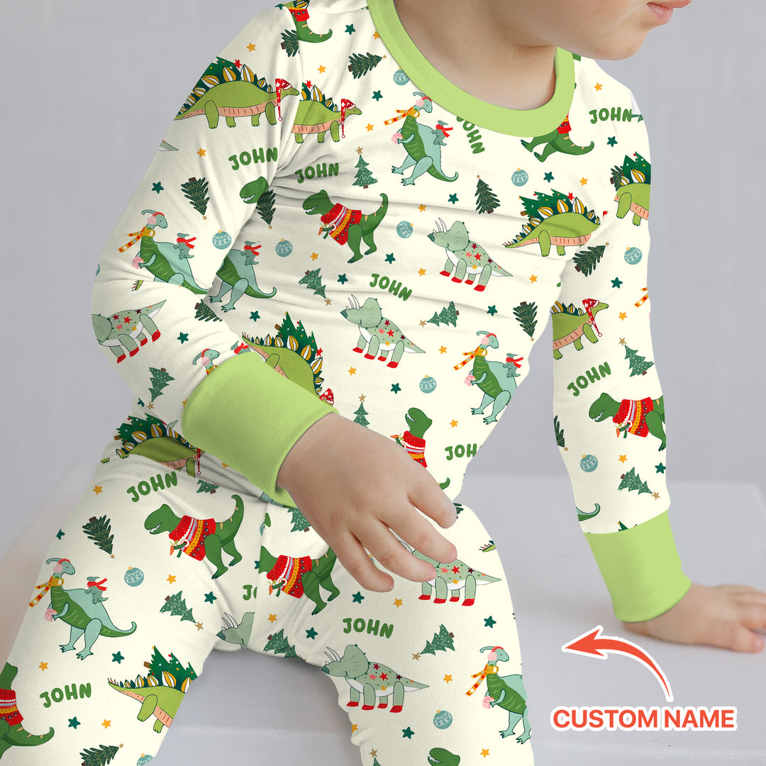 Custom Name Dinosaurs Christmas Tree Two Piece Long Sleeve Pajama Set