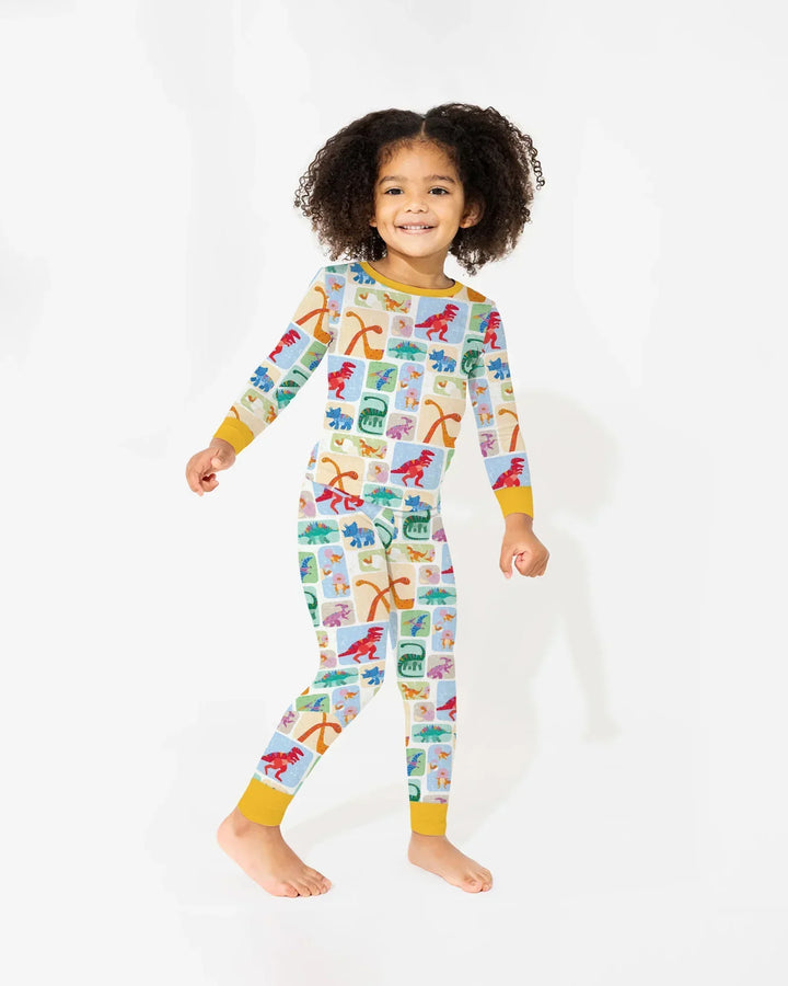 Pijama de dos piezas de bambú de manga larga Rainbow Dino Friends a juego para toda la familia