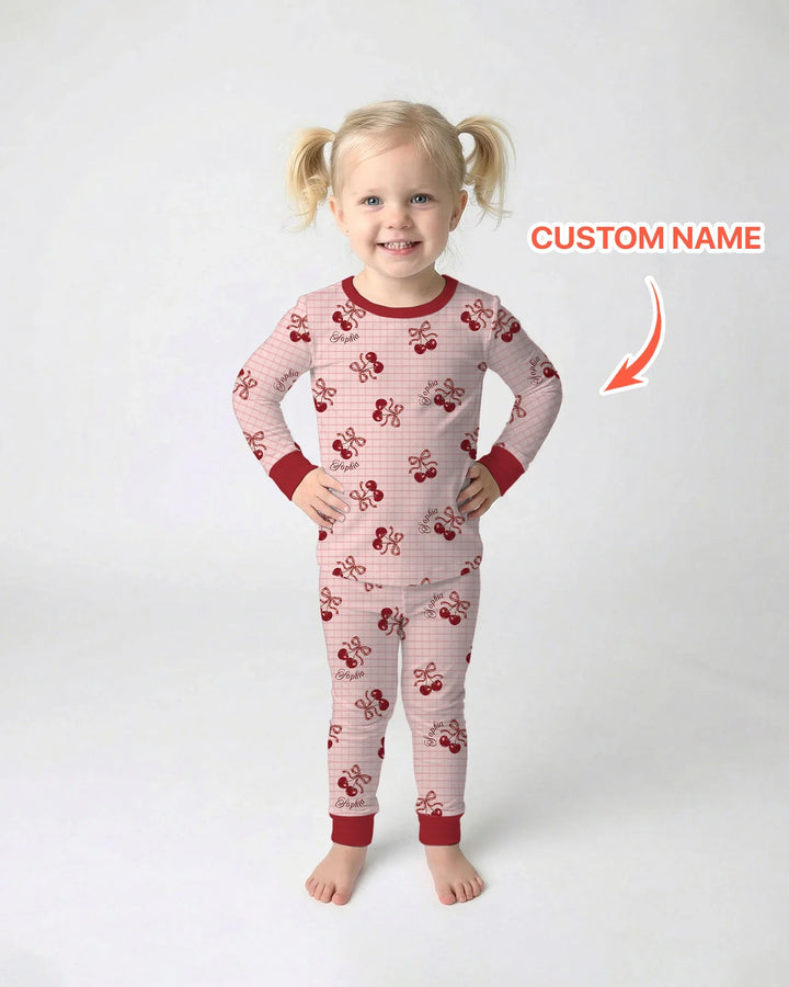 Conjunto de pijama de dos piezas de bambú de manga larga Cherry Mom and Me