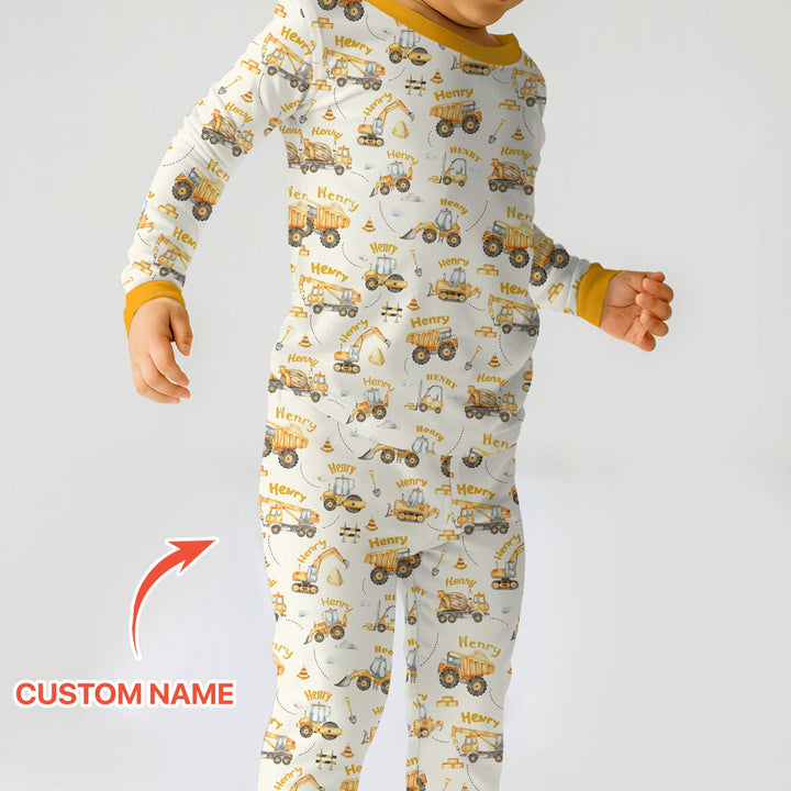 Constructions Machines Custom Name Two Piece Long Sleeve Pajama Set