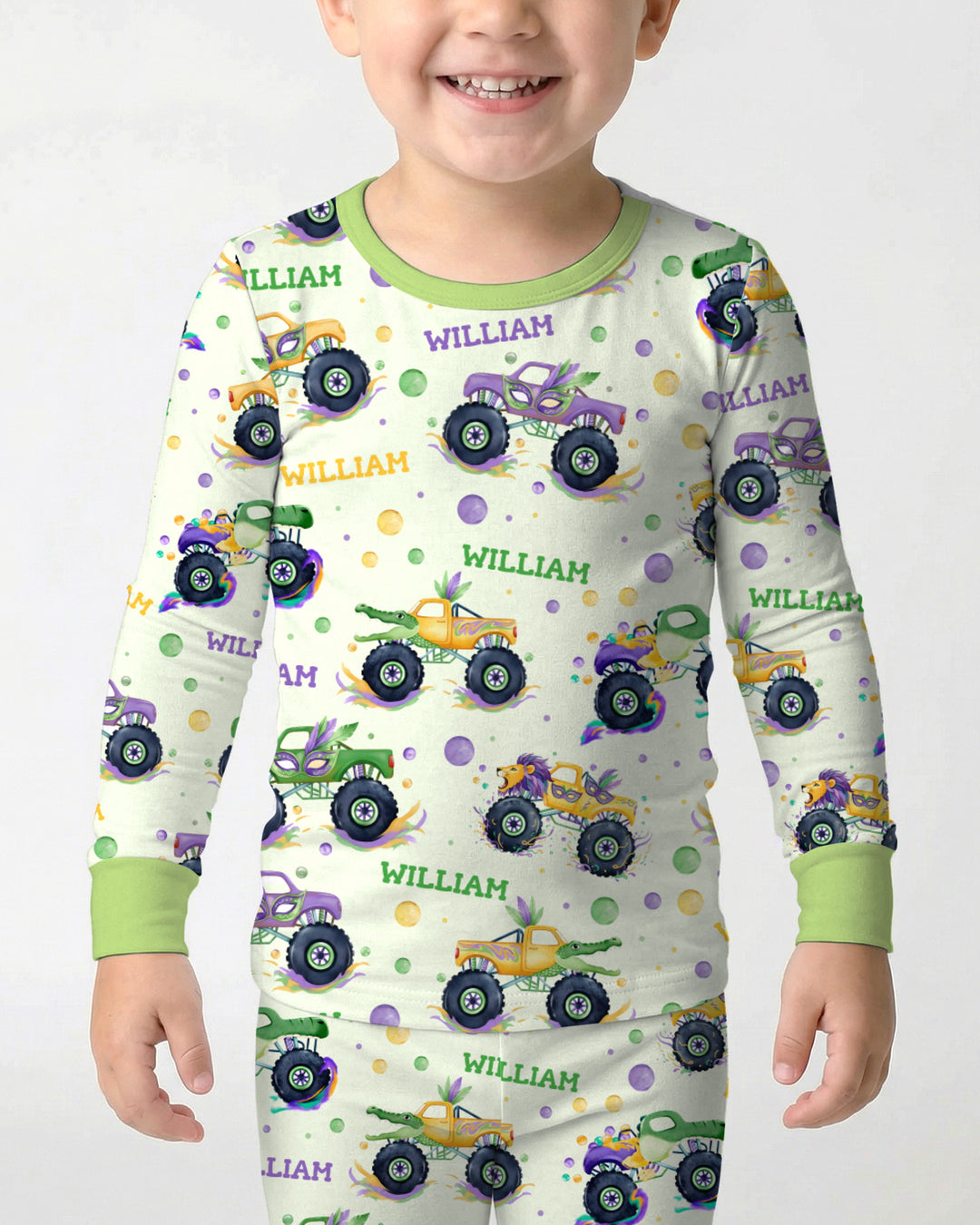 Custom Name Mardi Gras Monster Trucks Two Piece Long Sleeve Pajama Set