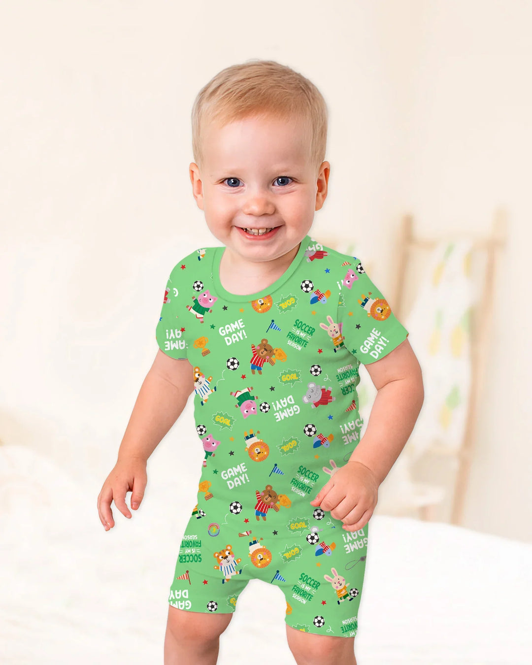 The World Cup Soccer Animals Bamboo Two Piece Short Sleeve Shorts Pajama Set