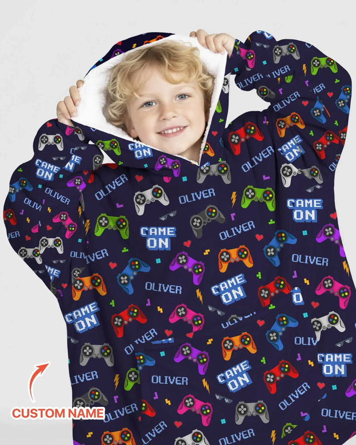 Sudadera con capucha y manta de bambú a juego para la familia con nombre personalizado "Game On"