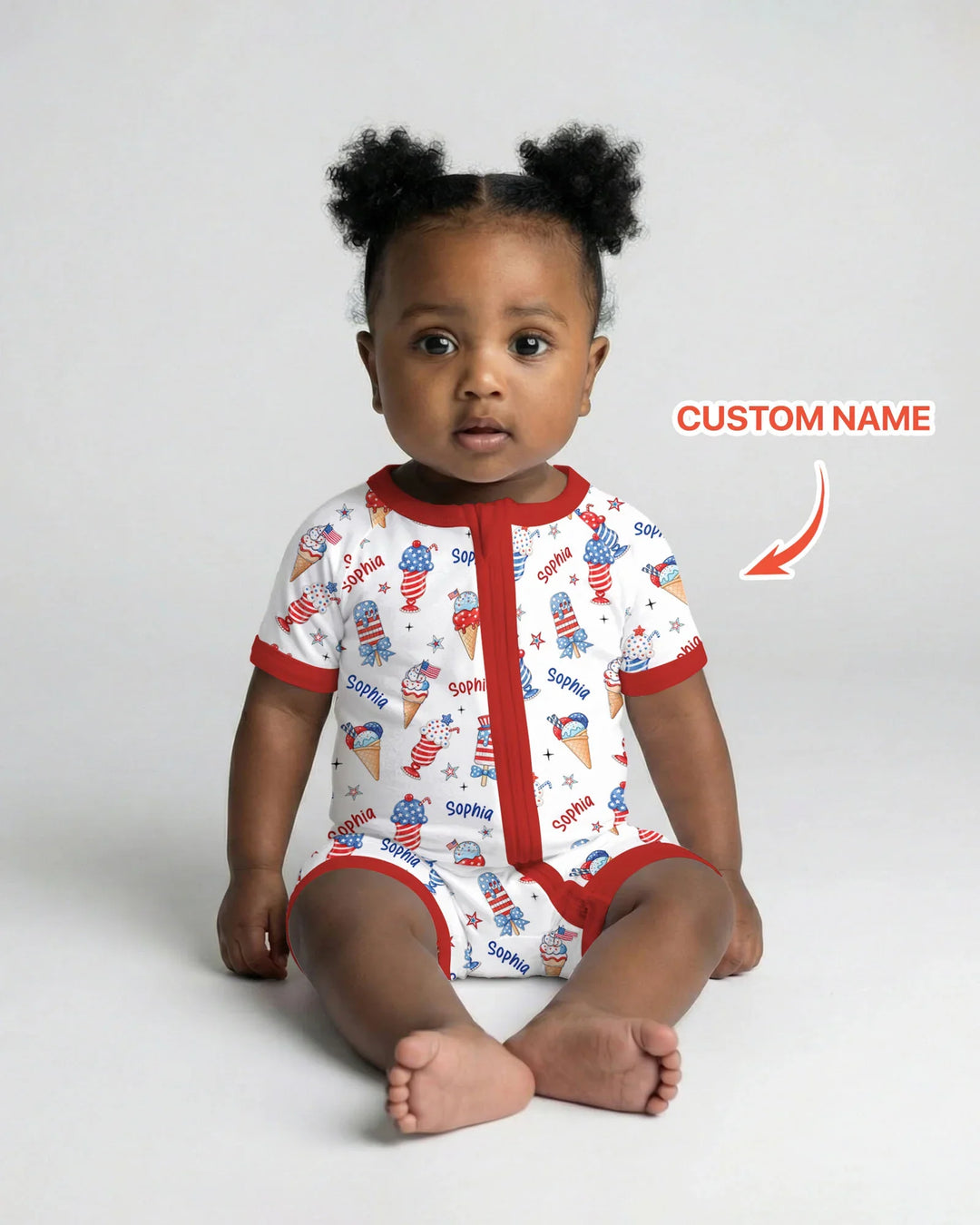 Custom Name Red, White & Ice Cream Bamboo Shorty Zippy