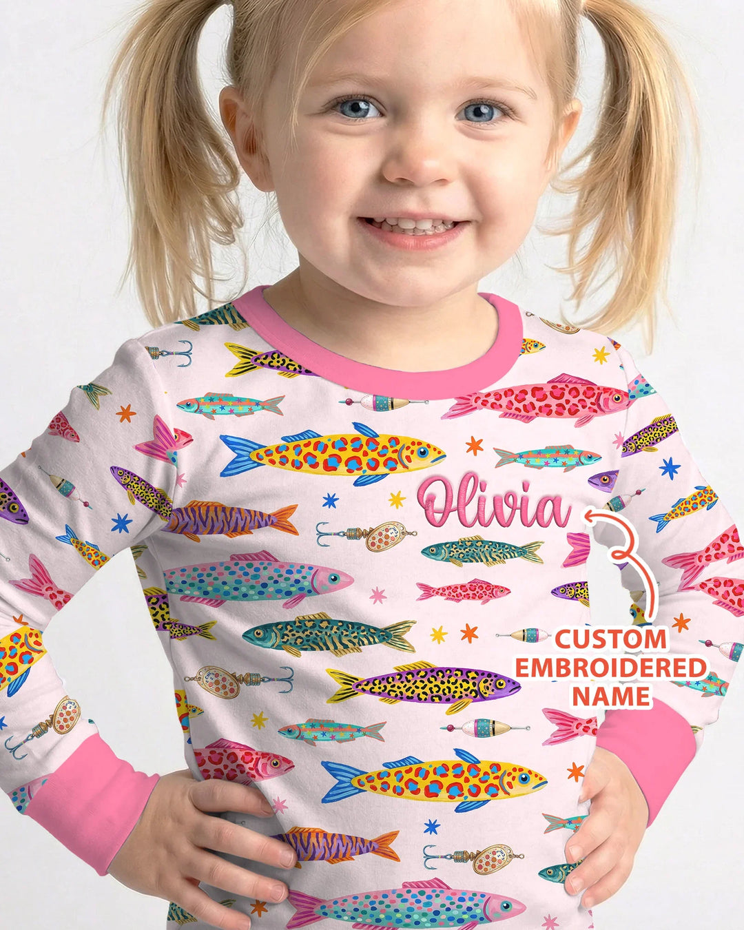 Pijama de dos piezas de bambú de manga larga con bordado de nombre personalizado de peces de colores