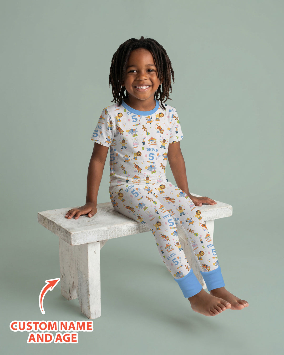 Custom Name Birthday Circus Bamboo Two Piece Short Sleeve Pajama Set