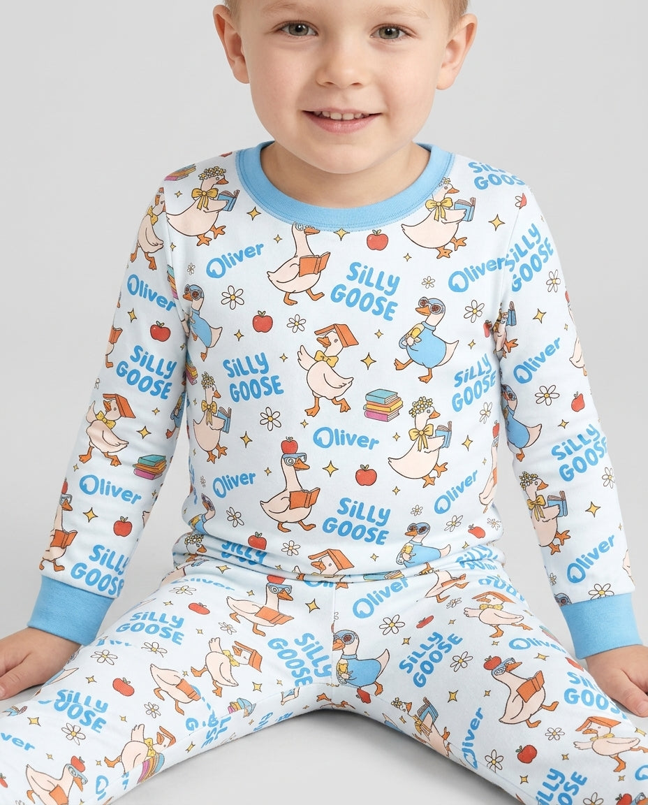 Custom Name Silly Goose Back to School Bamboo Two Piece Long Sleeve Pajama Set